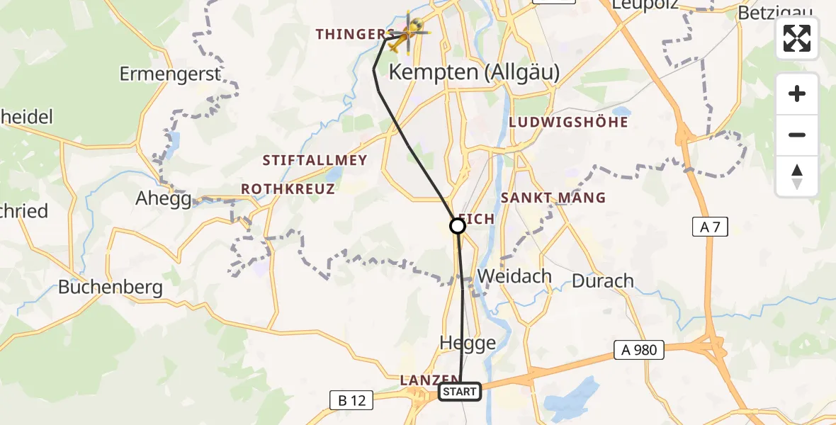 Flugroute Rettungshubschrauber Waltenhofen - Kempten (Allgäu), 27 April 2026, 15:24