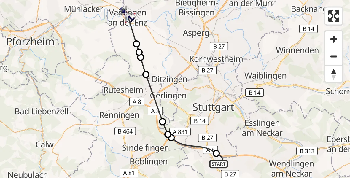 Flugroute Polizeihubschrauber Flughafen Stuttgart - Vaihingen an der Enz, 27 April 2026, 15:26