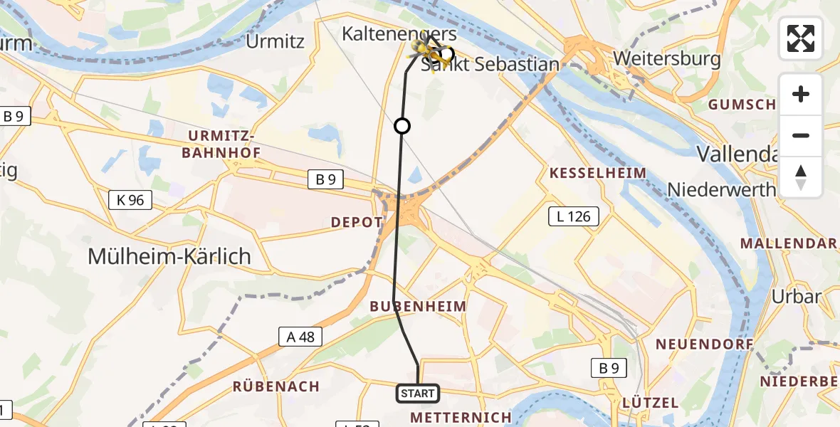 Flugroute Rettungshubschrauber Koblenz - Kaltenengers, 27 April 2026, 15:29