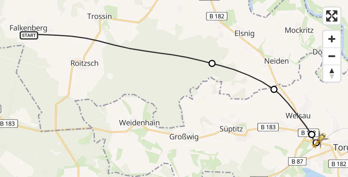 Flugroute Rettungshubschrauber Trossin - Torgau District Hospital, 27 April 2026, 15:37