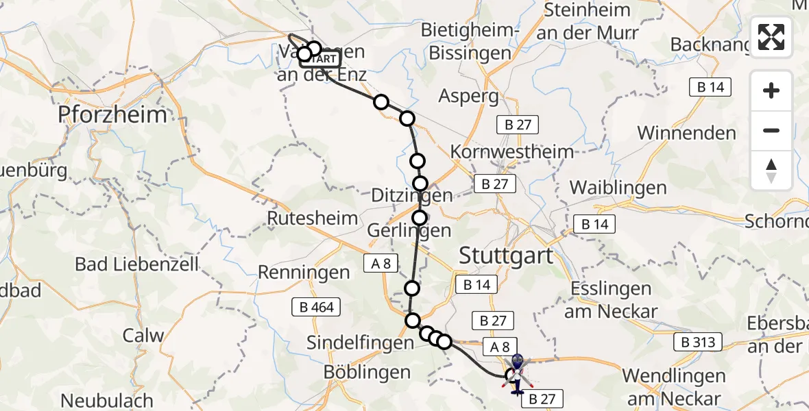 Flugroute Polizeihubschrauber Vaihingen an der Enz - Flughafen Stuttgart, 27 April 2026, 15:42