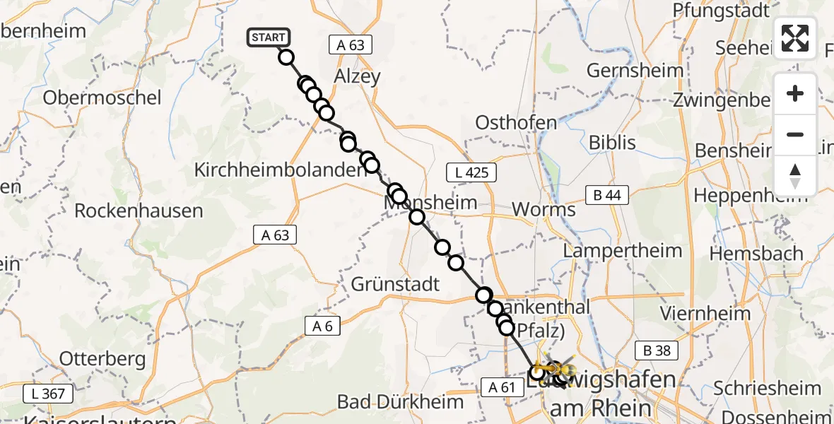 Flugroute Rettungshubschrauber Wendelsheim - Ludwigshafen am Rhein, 27 April 2026, 15:55