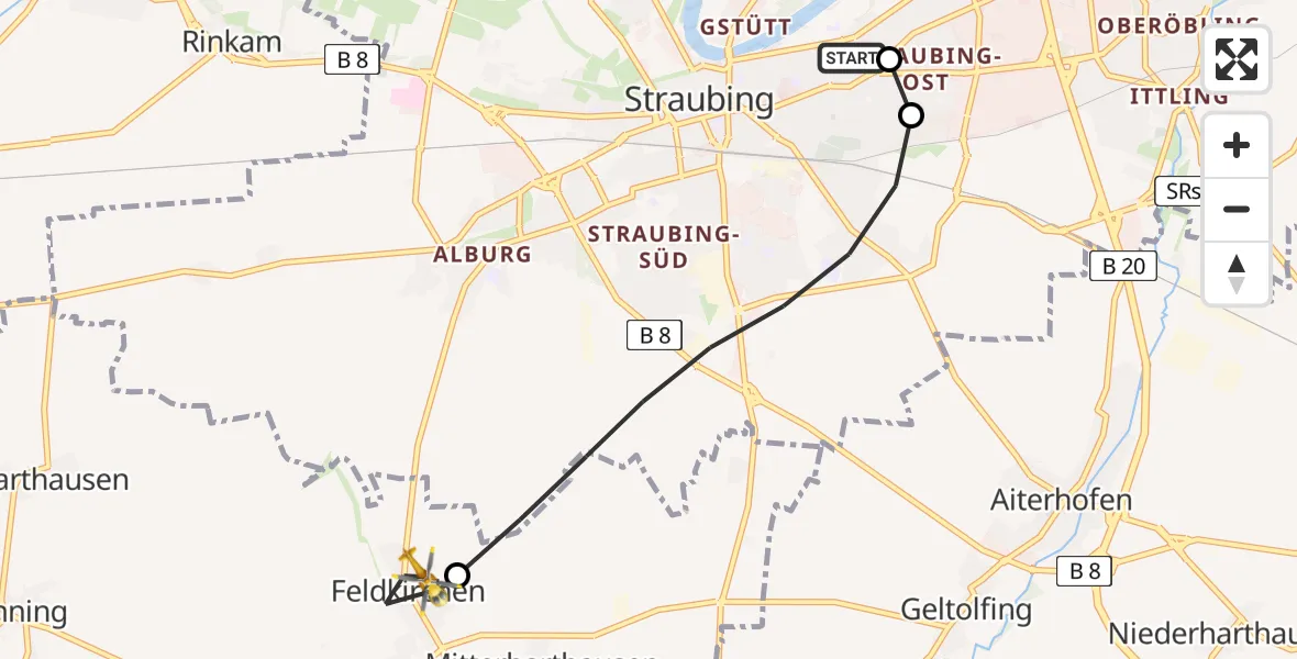 Flugroute Rettungshubschrauber Sankt Elisabeth Hospital Straubing - Feldkirchen, 27 April 2026, 15:57