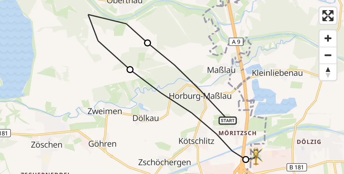Flugroute Rettungshubschrauber Leuna - ADAC Air Rescue Station Leipzig/Schkeuditz-Dölzig Hubschrauberlandeplatz (Christoph 61), 27 April 2026, 15:59
