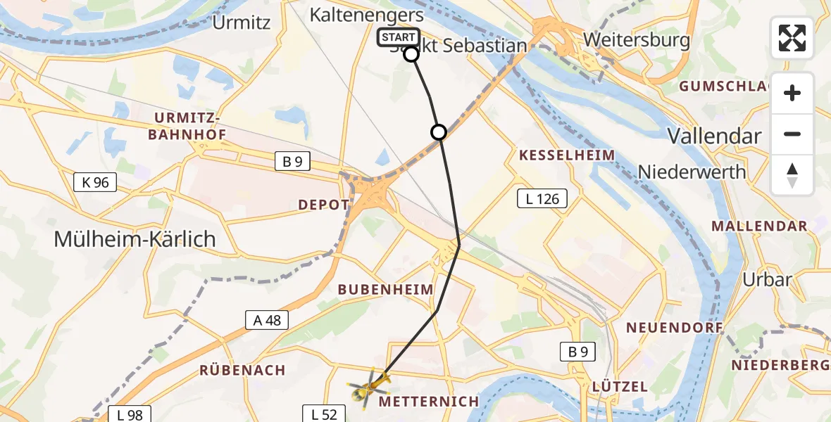 Flugroute Rettungshubschrauber Kaltenengers - Koblenz, 27 April 2026, 16:00