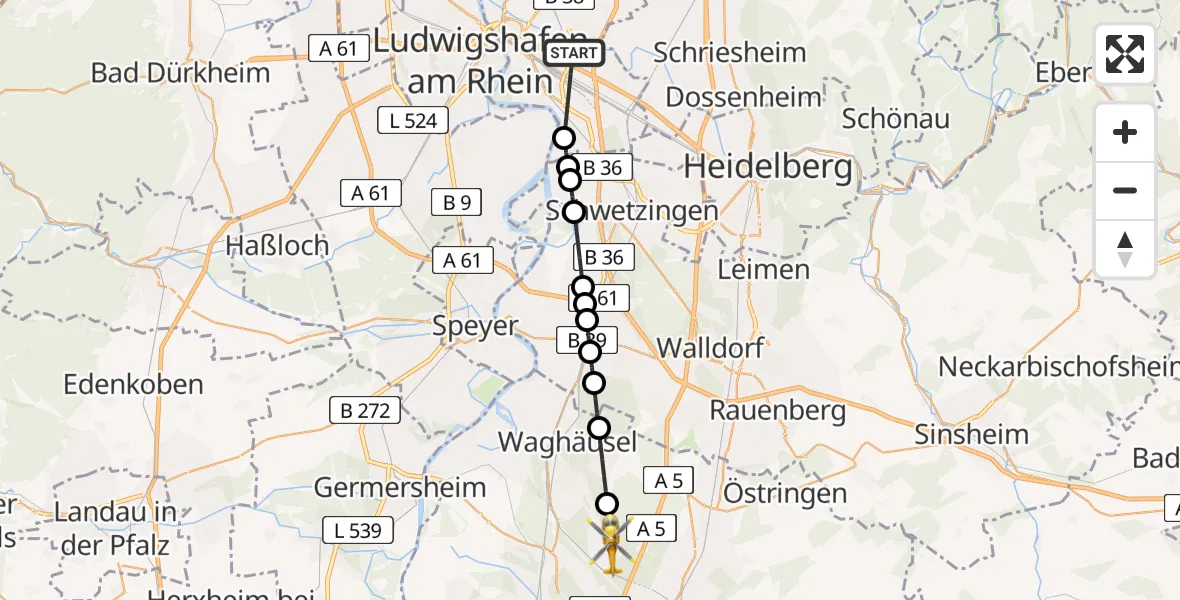 Flugroute Rettungshubschrauber Mannheim-City Flughafen - Hambrücken, 27 April 2026, 16:11