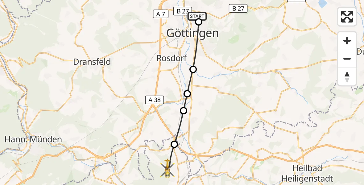 Flugroute Rettungshubschrauber Göttingen University Clinic Hubschrauberlandeplatz - Neu-Eichenberg, 27 April 2026, 16:14