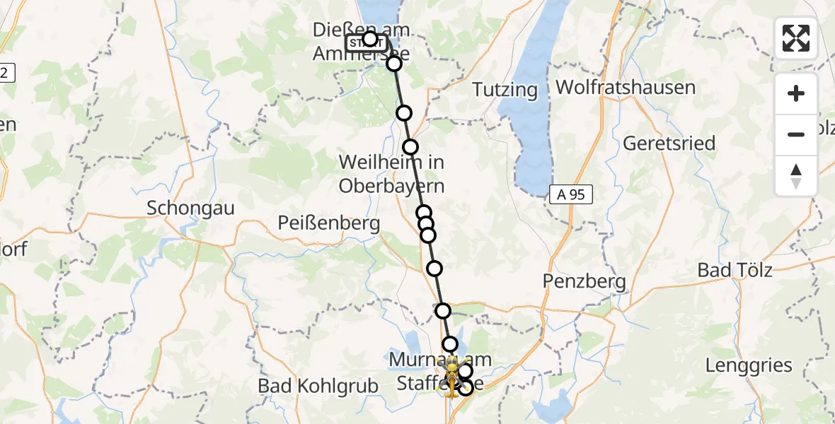 Flugroute Rettungshubschrauber Dießen am Ammersee - Murnau Accident Hospital, 27 April 2026, 16:21