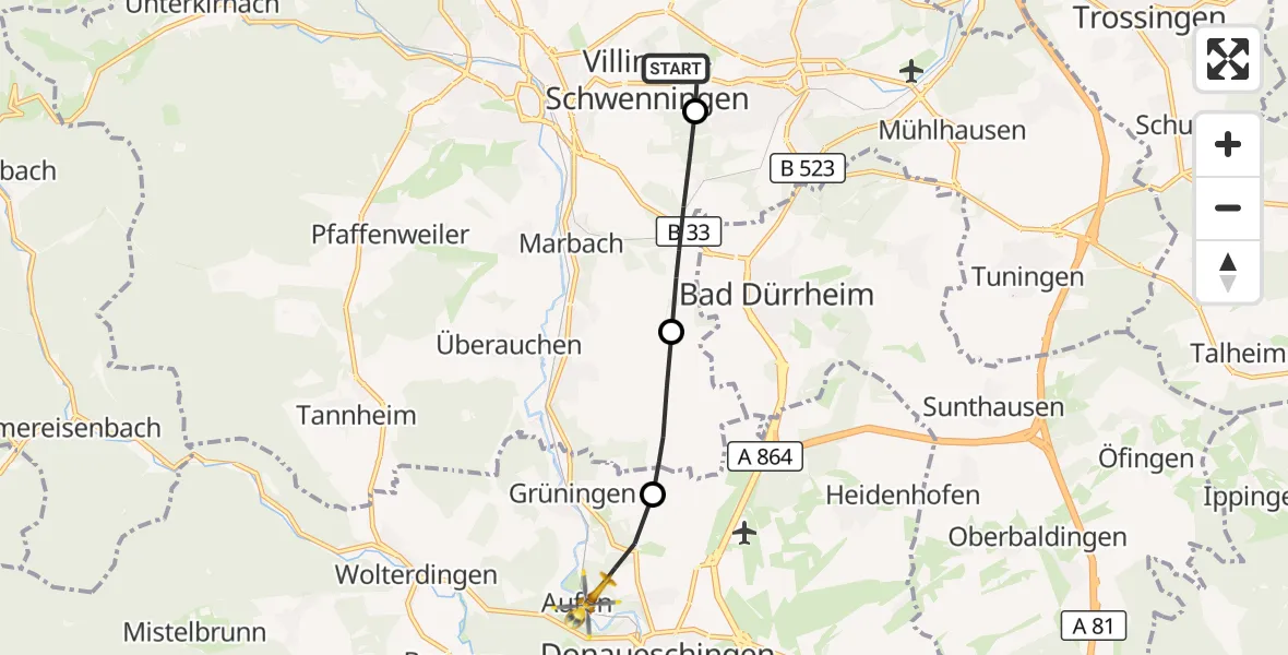 Flugroute Rettungshubschrauber DRF Air Rescue Station Villingen-Schwenningen Hubschrauberlandeplatz (Christoph 11) - Donaueschingen, 27 April 2026, 16:27