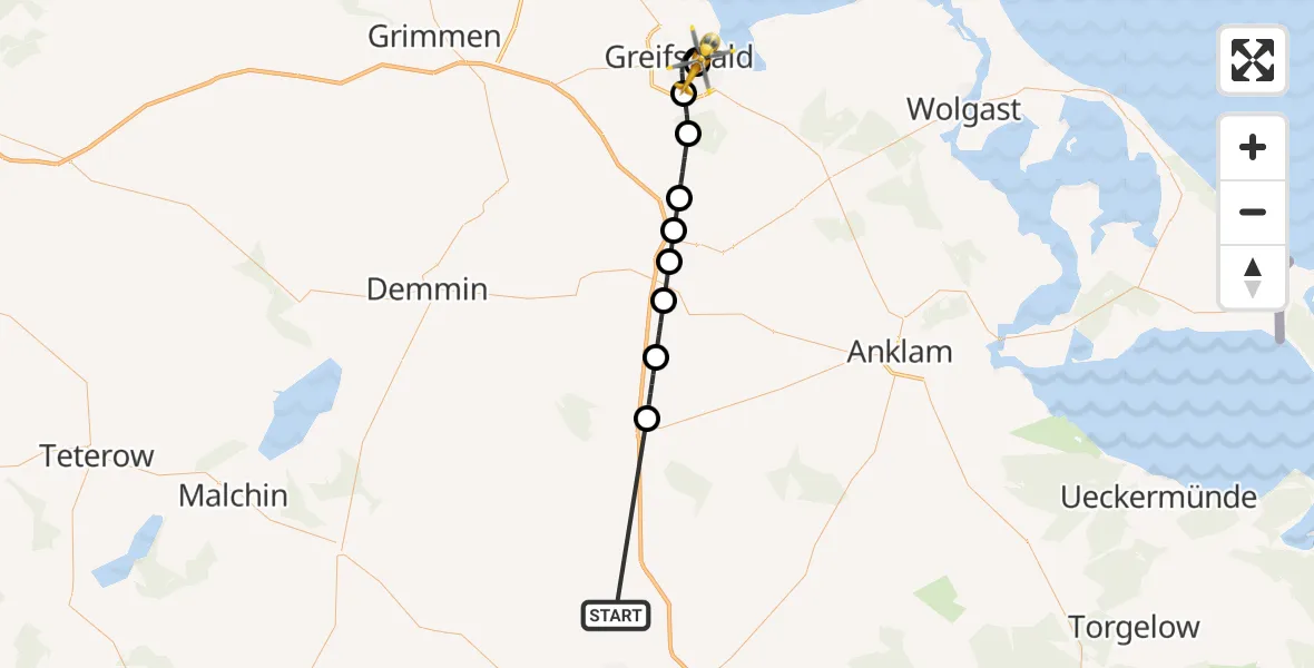 Flugroute Rettungshubschrauber Neddemin - Greifswald Hospital, 27 April 2026, 16:29
