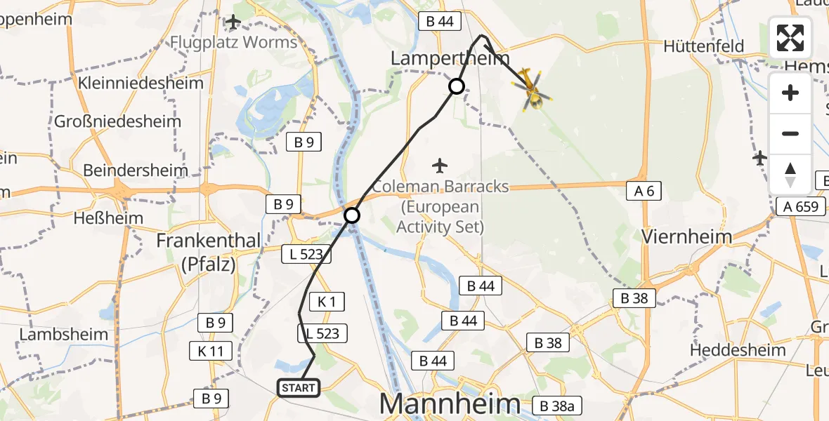 Flugroute Rettungshubschrauber Ludwigshafen am Rhein - Lampertheim, 27 April 2026, 16:35