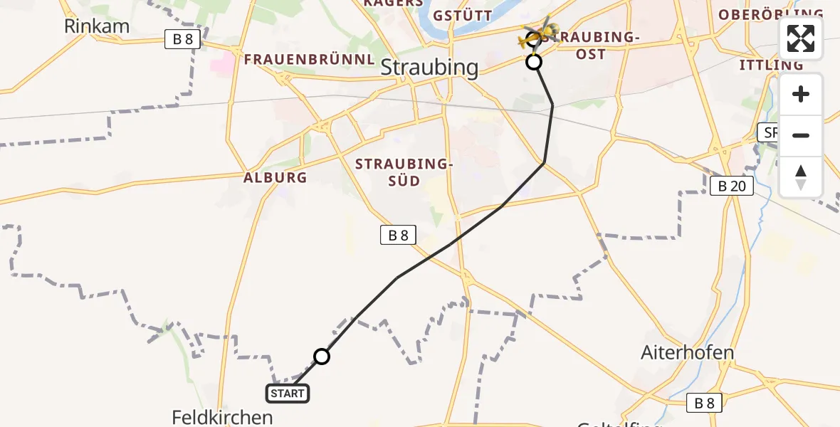 Flugroute Rettungshubschrauber Feldkirchen - Sankt Elisabeth Hospital Straubing, 27 April 2026, 16:38