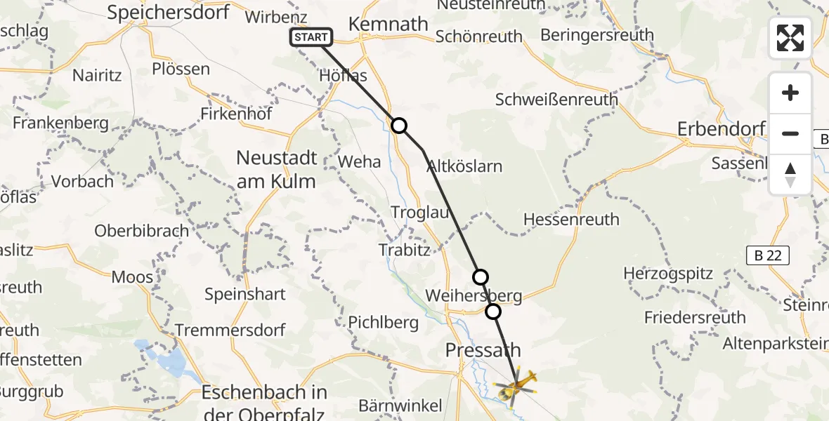 Flugroute Rettungshubschrauber Kemnath - Pressath, 27 April 2026, 16:39