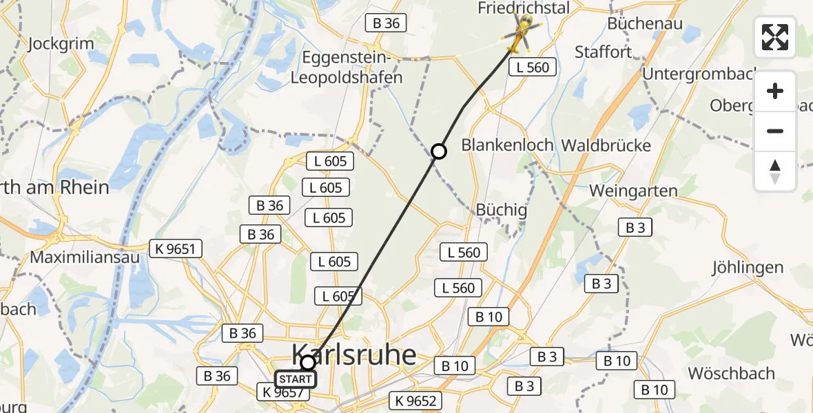 Flugroute Rettungshubschrauber Sankt Vincentius Hospital - Stutensee, 27 April 2026, 16:47