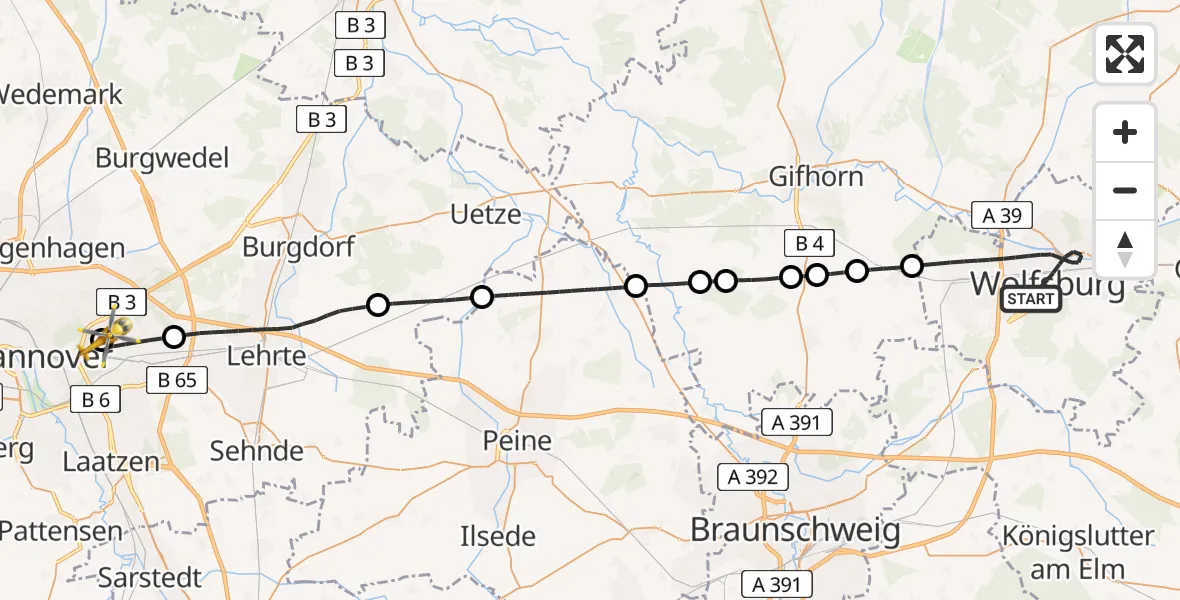 Flugroute Rettungshubschrauber Wolfsburg - Hannover Luftrettung Hubschrauberlandeplatz (Christoph 4), 27 April 2026, 16:47