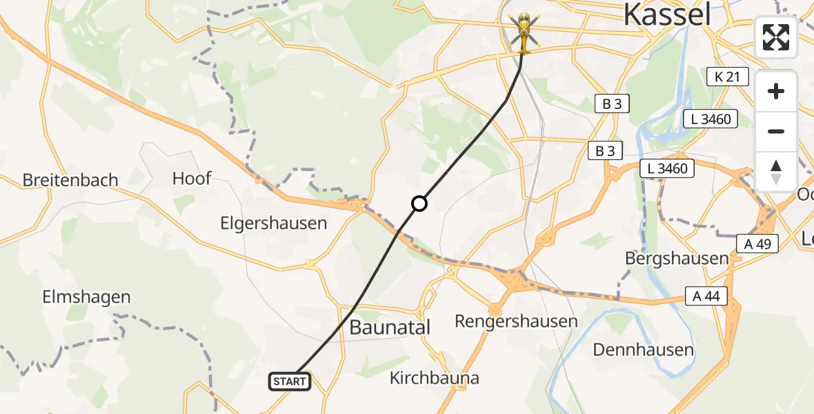 Flugroute Rettungshubschrauber Baunatal - Kassel, 27 April 2026, 16:50