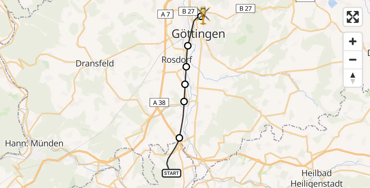Flugroute Rettungshubschrauber Neu-Eichenberg - Göttingen University Clinic Hubschrauberlandeplatz, 27 April 2026, 16:57