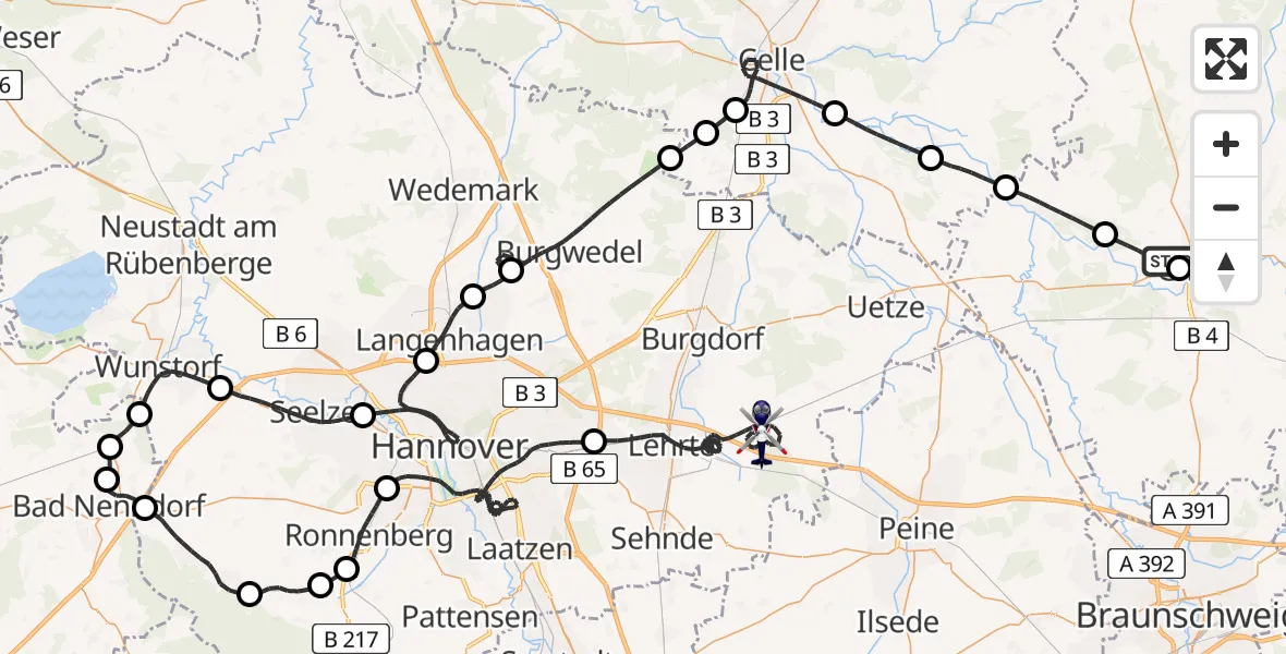 Flugroute Polizeihubschrauber Gifhorn Bundespolizei Hubschrauberlandeplatz - Lehrte, 27 April 2026, 16:59