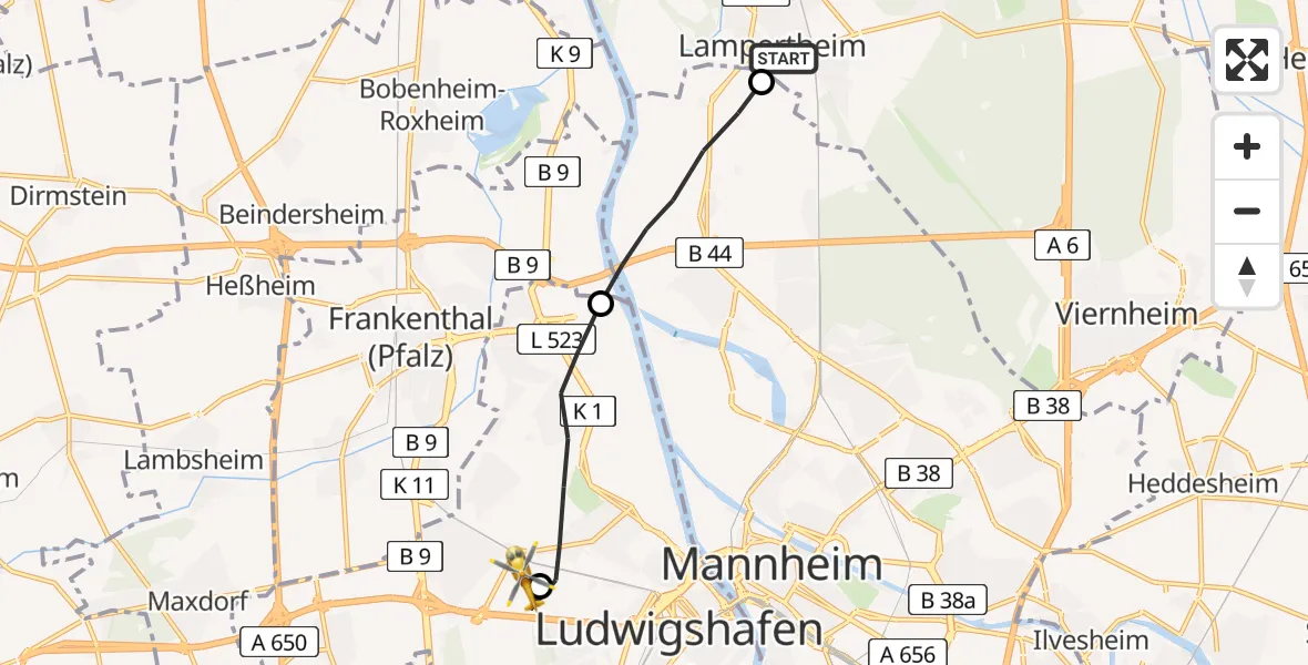 Flugroute Rettungshubschrauber Lampertheim - Ludwigshafen Accident Hospital, 27 April 2026, 17:04