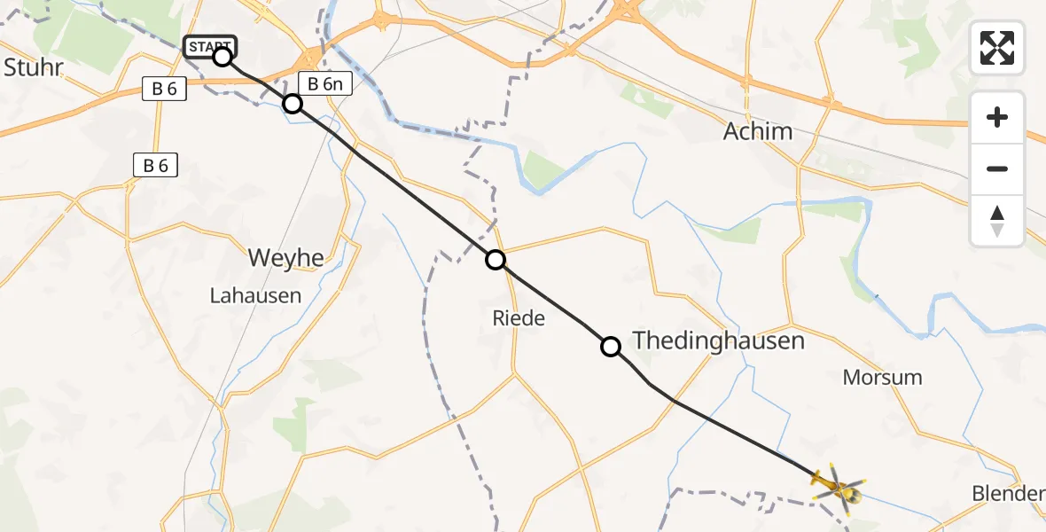 Flugroute Rettungshubschrauber ADAC Air Rescue Station Bremen Hubschrauberlandeplatz (Christoph 6) - Thedinghausen, 27 April 2026, 17:12
