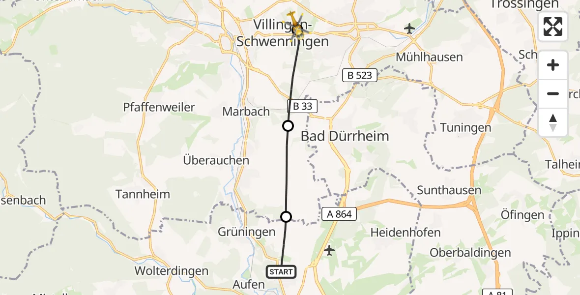 Flugroute Rettungshubschrauber Donaueschingen - DRF Air Rescue Station Villingen-Schwenningen Hubschrauberlandeplatz (Christoph 11), 27 April 2026, 17:13