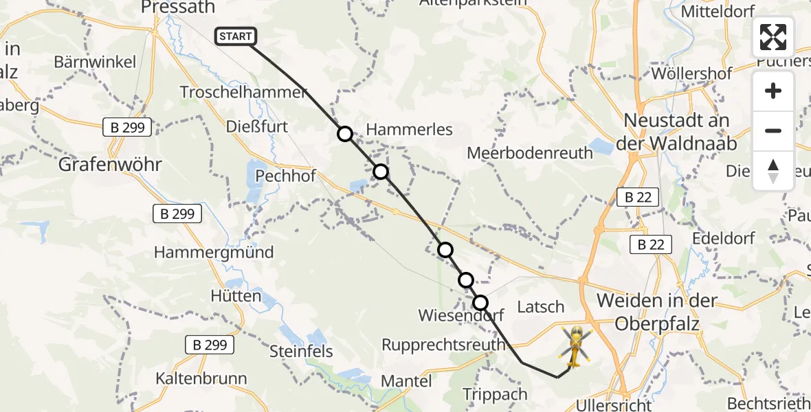 Flugroute Rettungshubschrauber Pressath - Weiden i.d.OPf., 27 April 2026, 17:15