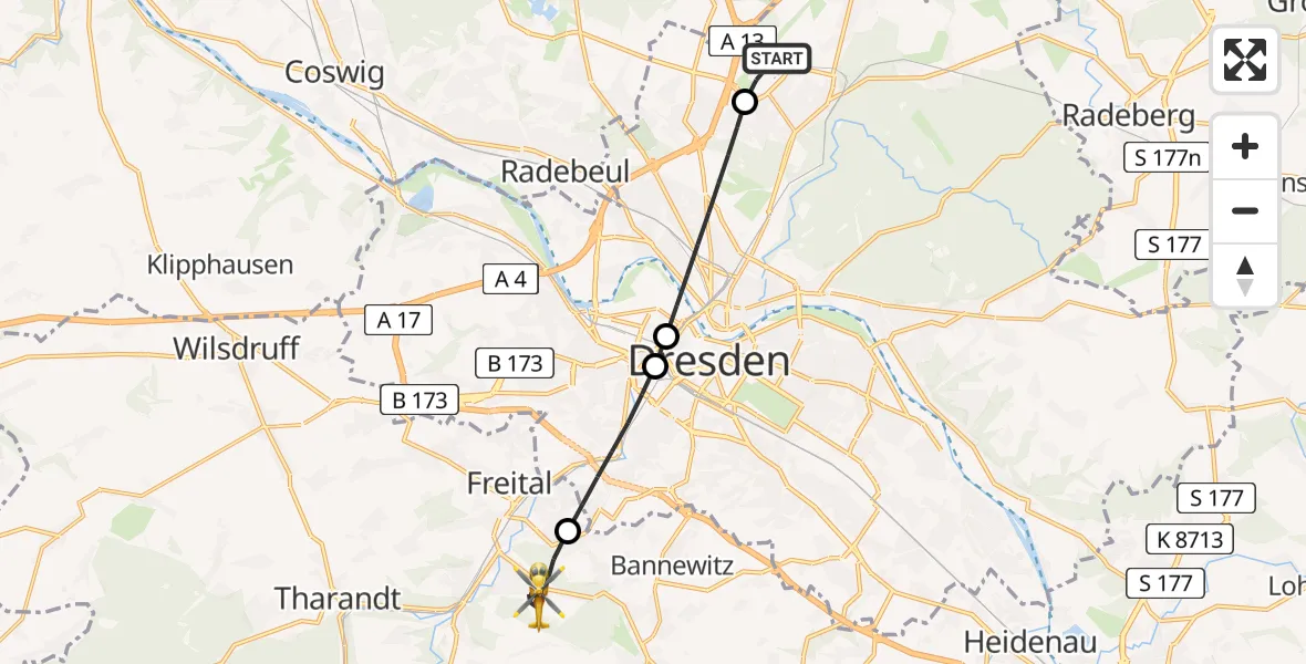 Flugroute Rettungshubschrauber Dresden Flughafen - Freital, 27 April 2026, 17:16