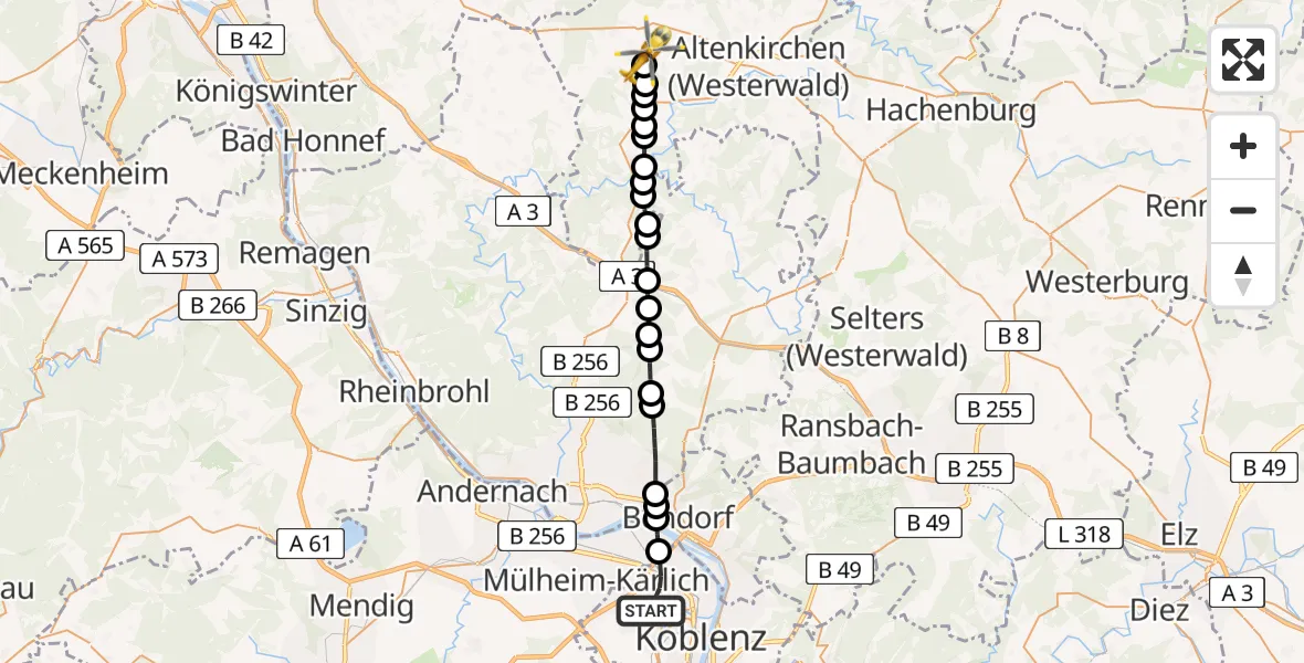 Flugroute Rettungshubschrauber Koblenz - Kraam, 27 April 2026, 17:27