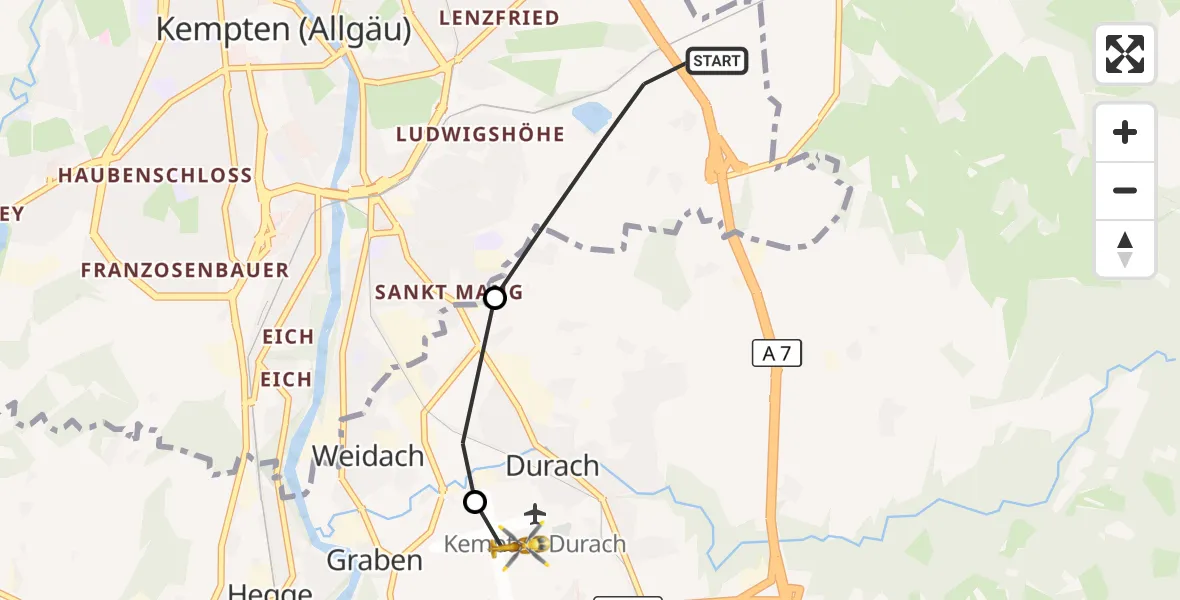 Flugroute Rettungshubschrauber Kempten (Allgäu) - Kempten-Durach Flugplatz, 27 April 2026, 17:28