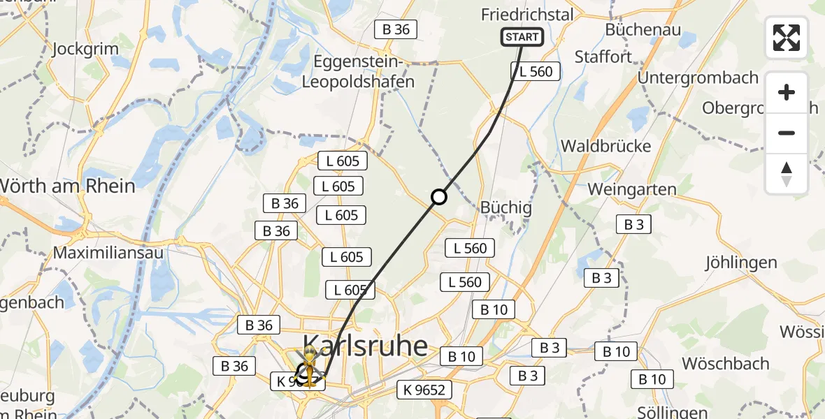 Flugroute Rettungshubschrauber Stutensee - Sankt Vincentius Hospital, 27 April 2026, 17:31