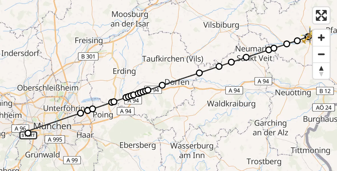 Flugroute Rettungshubschrauber DRF Air Rescue München Hubschrauberlandeplatz - Eggenfelden District Hospital, 27 April 2026, 17:47