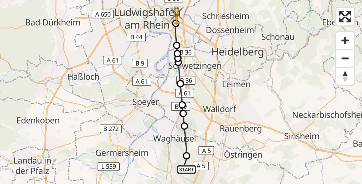 Flugroute Rettungshubschrauber Hambrücken - Mannheim-City Flughafen, 27 April 2026, 17:49