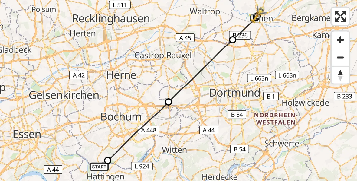 Flugroute Rettungshubschrauber Hattingen - Sankt Marien Hospital, 27 April 2026, 17:57