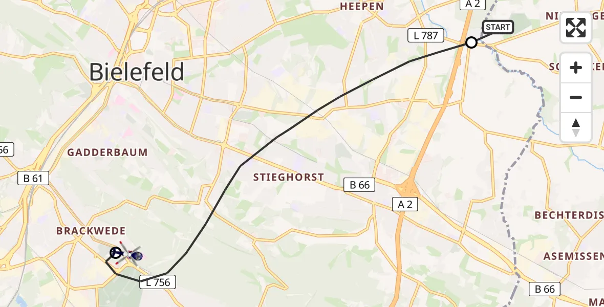 Flugroute Polizeihubschrauber Leopoldshöhe - Luftrettungszentrum Bielefeld, 27 April 2026, 18:00