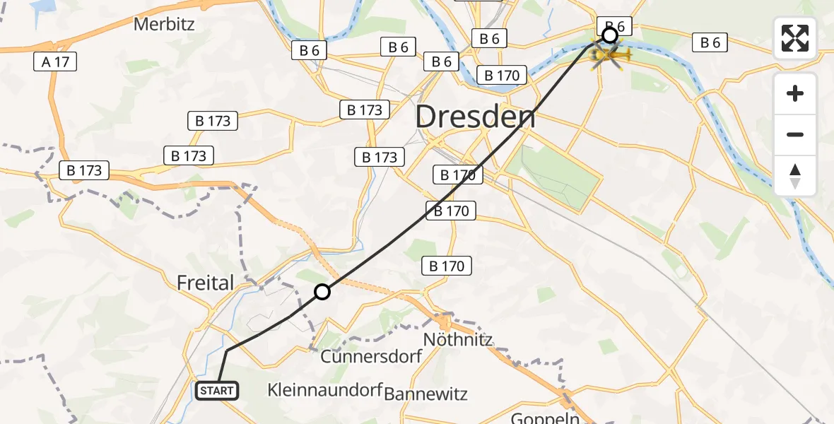 Flugroute Rettungshubschrauber Freital - Dresden Elbwiesen Hubschrauberlandeplatz, 27 April 2026, 18:14