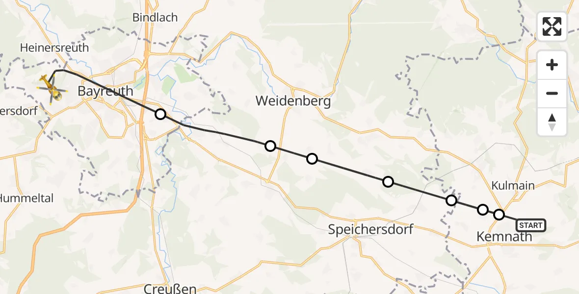 Flugroute Rettungshubschrauber Kemnath - Bayreuth Hospital Hubschrauberlandeplatz, 27 April 2026, 18:25