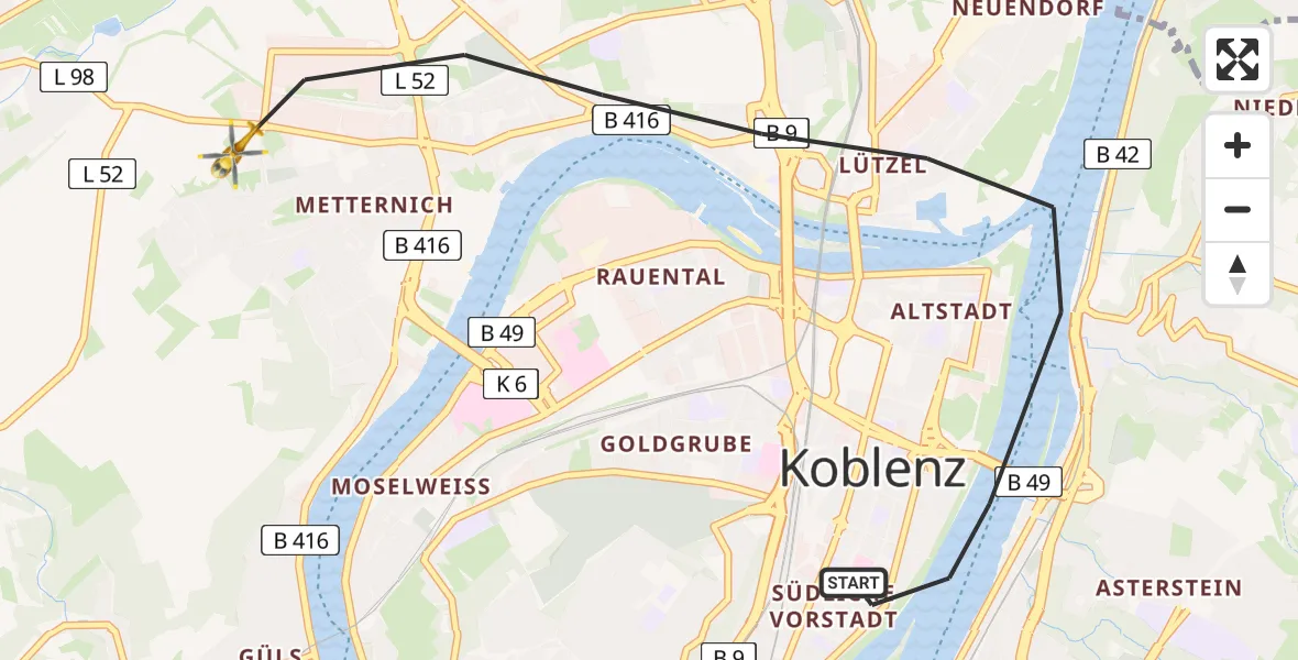 Flugroute Rettungshubschrauber Koblenz - Koblenz, 27 April 2026, 18:26