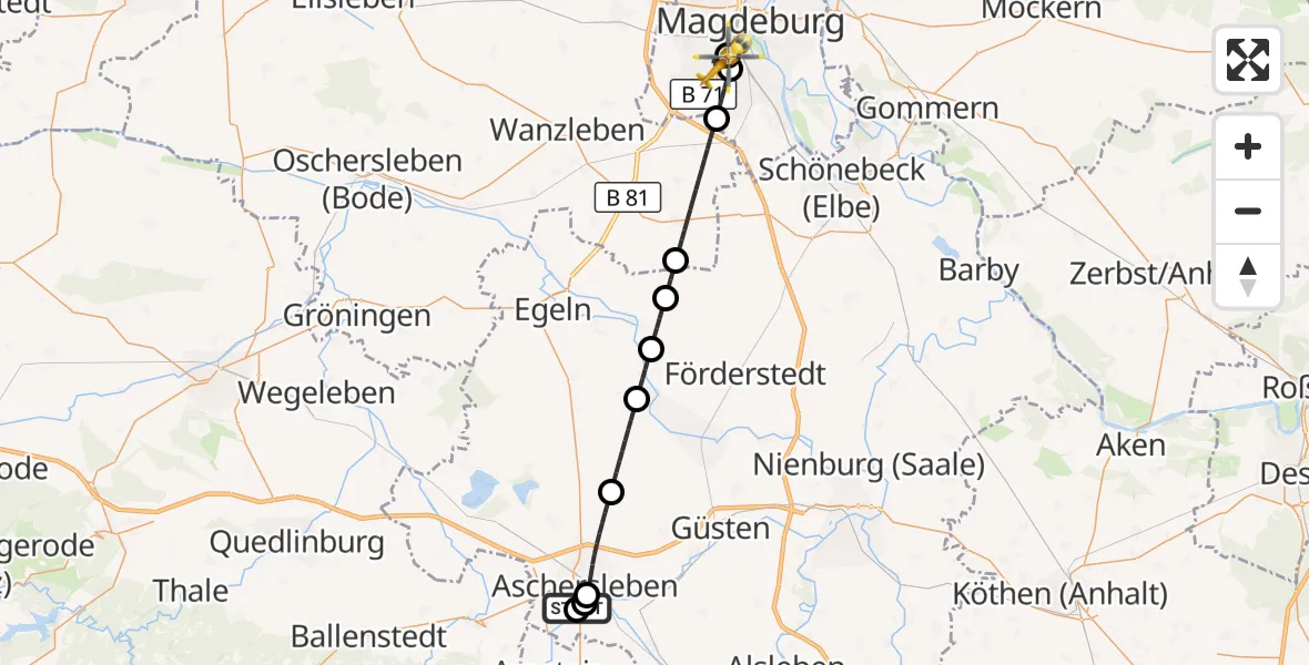 Flugroute Ambulanzhubschrauber AMEOS Hospital Aschersleben - Magdeburg, 27 April 2026, 18:47