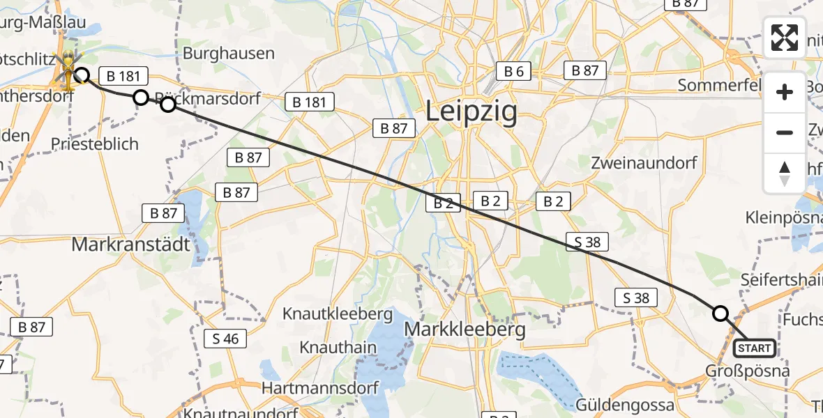 Flugroute Rettungshubschrauber Großpösna - ADAC Air Rescue Station Leipzig/Schkeuditz-Dölzig Hubschrauberlandeplatz (Christoph 61), 27 April 2026, 18:52