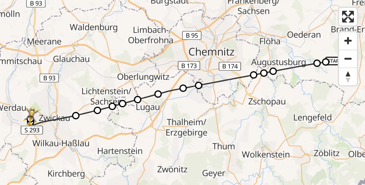 Flugroute Rettungshubschrauber Eppendorf - ADAC Air Rescue Station Zwickau Hubschrauberlandeplatz, 27 April 2026, 19:00