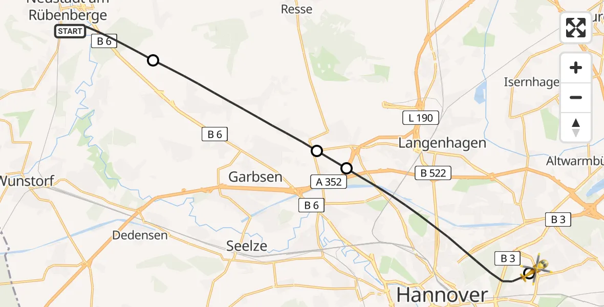 Flugroute Rettungshubschrauber Neustadt am Rübenberge - Hannover Luftrettung Hubschrauberlandeplatz (Christoph 4), 27 April 2026, 19:19