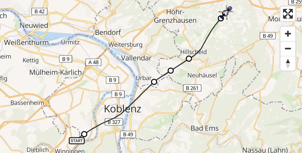 Flugroute Polizeihubschrauber Koblenz-Winningen Flugplatz - Wirges, 27 April 2026, 19:29