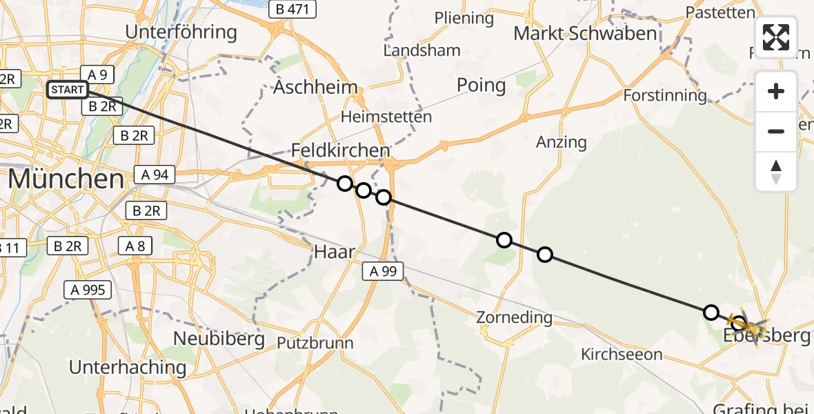 Flugroute Rettungshubschrauber München - Ebersberg Hubschrauberlandeplatz, 27 April 2026, 19:29