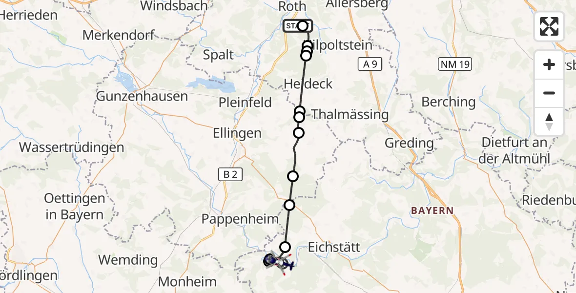 Flugroute Polizeihubschrauber Flugplatz Roth - Dollnstein, 27 April 2026, 20:18