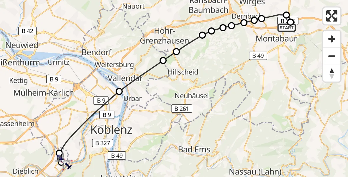 Flugroute Polizeihubschrauber Autobahn Police Heiligenroth Hubschrauberlandeplatz - Koblenz-Winningen Flugplatz, 27 April 2026, 20:34