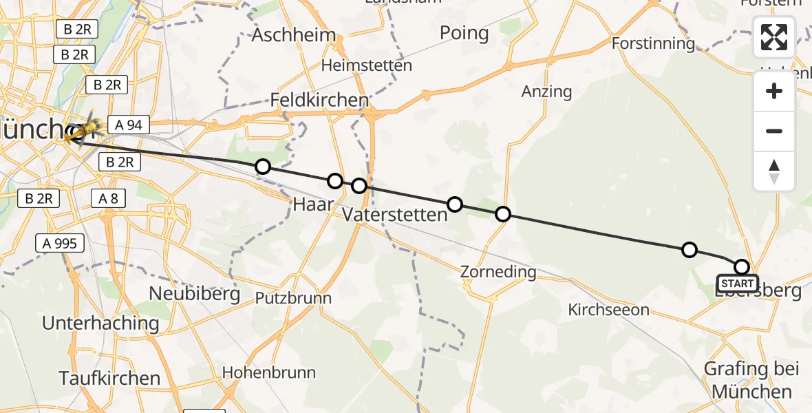 Flugroute Rettungshubschrauber Ebersberg Hubschrauberlandeplatz - Rechts der Isar University Hospital, 27 April 2026, 20:38