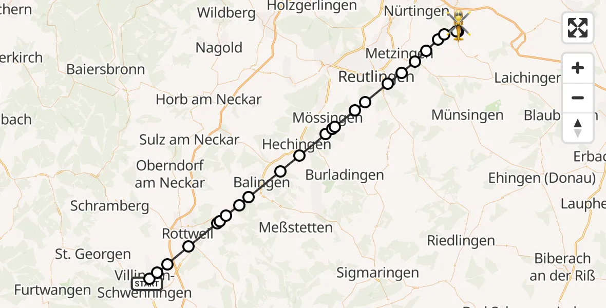 Flugroute Rettungshubschrauber DRF Air Rescue Station Villingen-Schwenningen Hubschrauberlandeplatz (Christoph 11) - Owen, 27 April 2026, 20:40