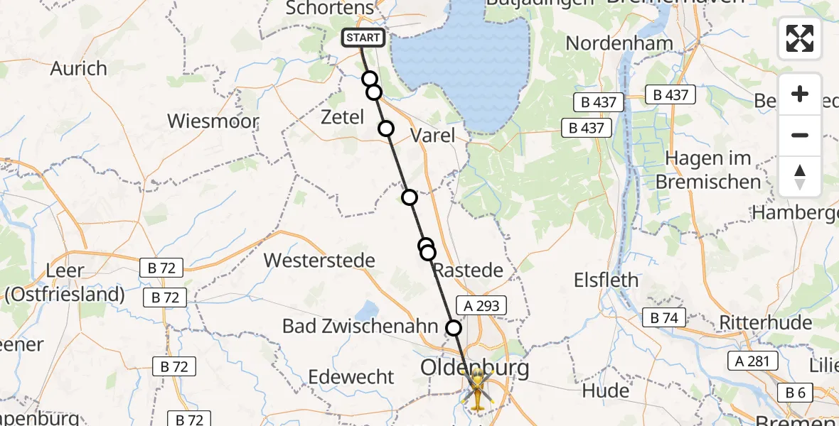 Flugroute Rettungshubschrauber Sande - Oldenburg (Oldb), 27 April 2026, 21:16