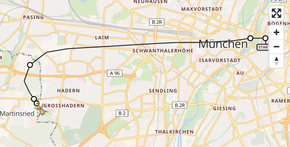 Flugroute Rettungshubschrauber Rechts der Isar University Hospital - DRF Air Rescue München Hubschrauberlandeplatz, 27 April 2026, 21:24