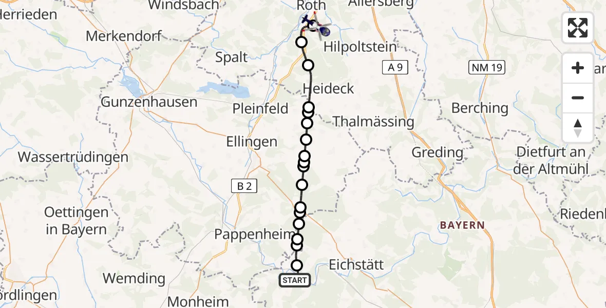 Flugroute Polizeihubschrauber Dollnstein - Flugplatz Roth, 27 April 2026, 21:39